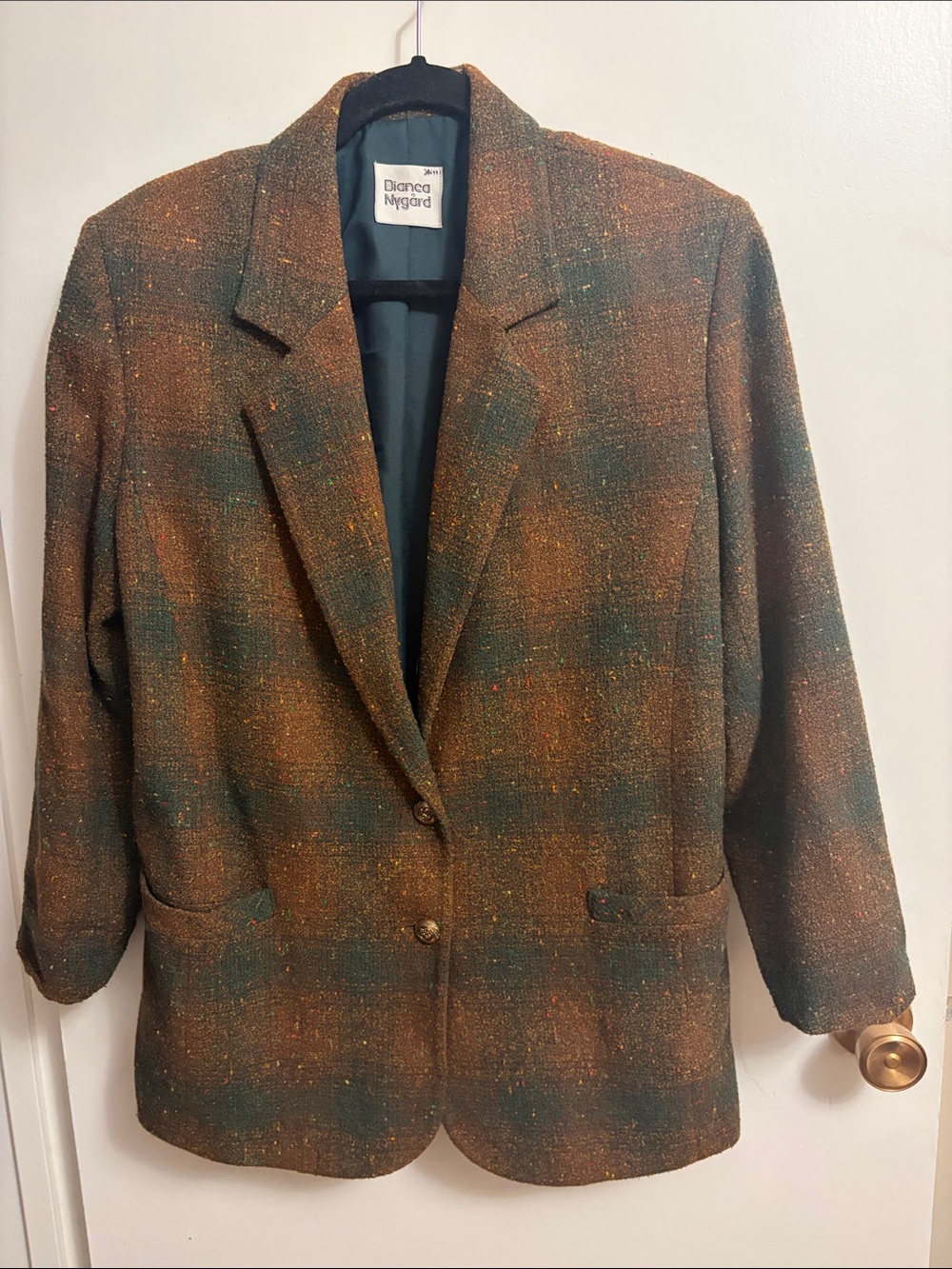 Vintage 90s Bianca Nygard brown and teal lambs wool blazer size 10